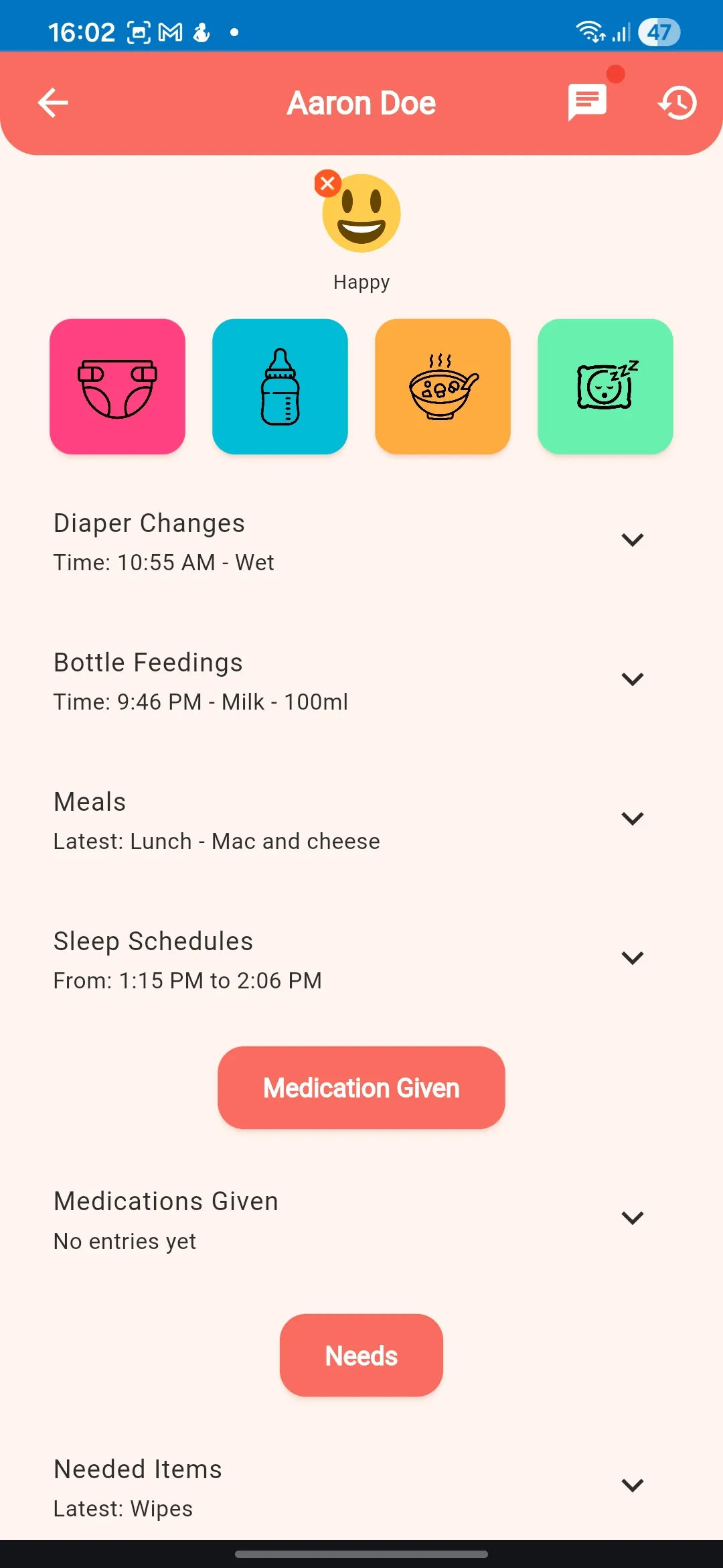 Daily report screen showing meal, nap, and mood tracking