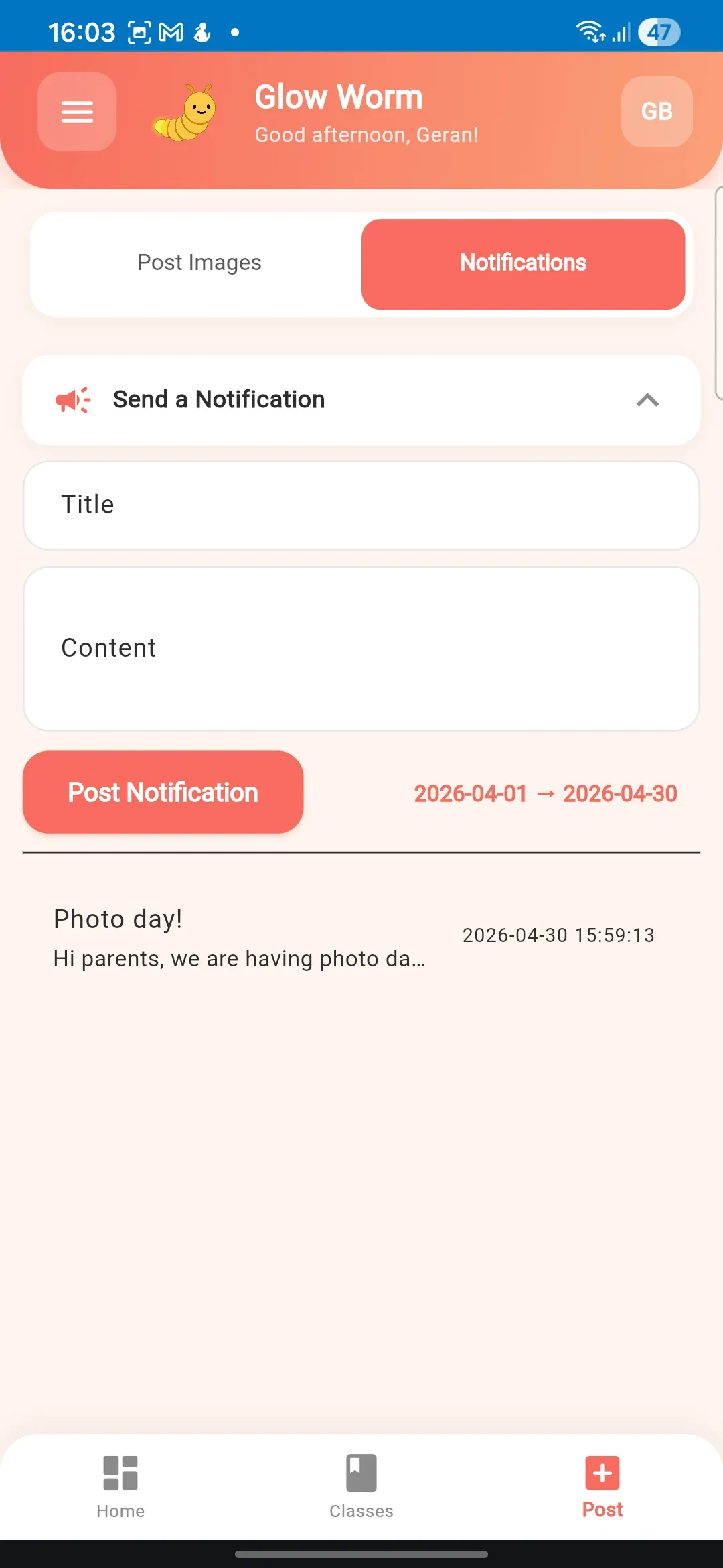 School notifications interface