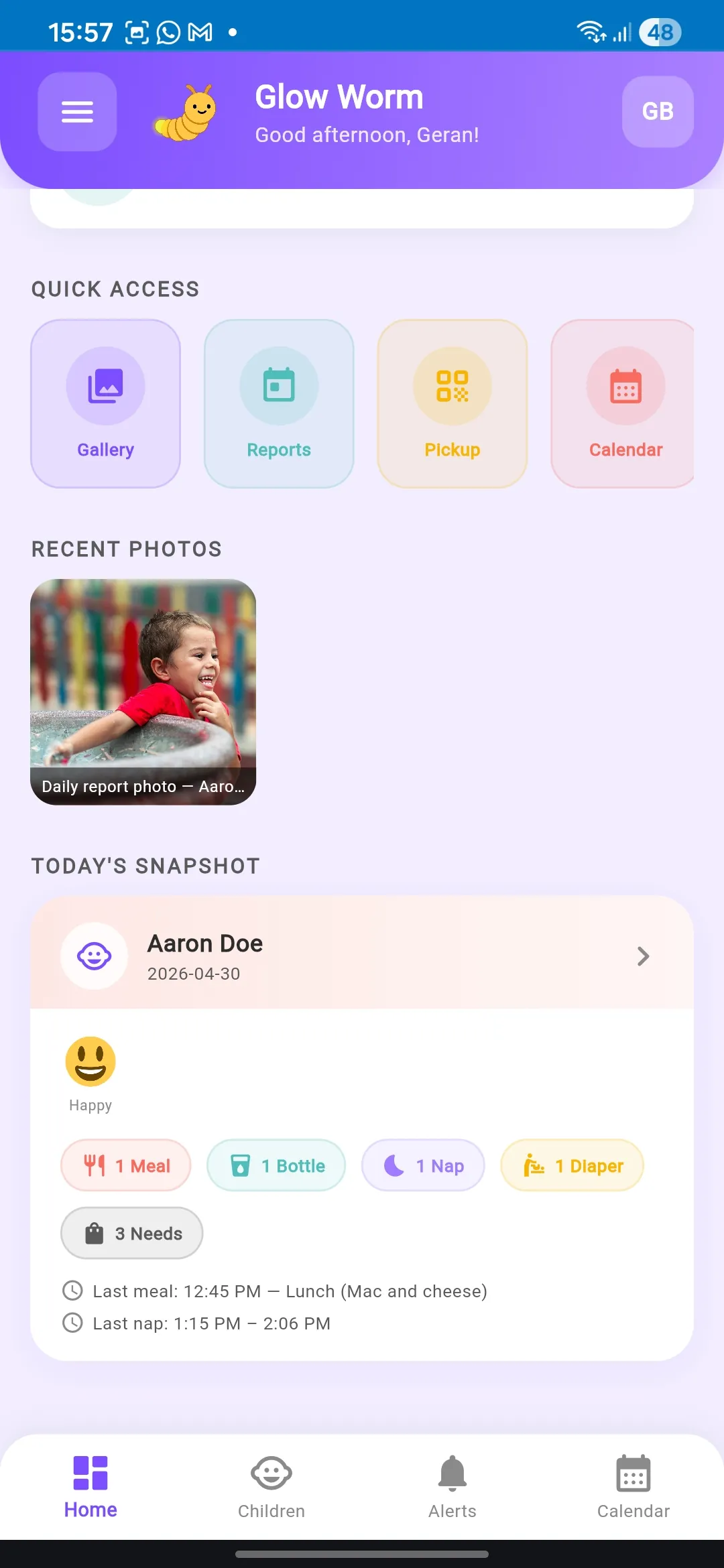 Parent dashboard showing children's daily updates
