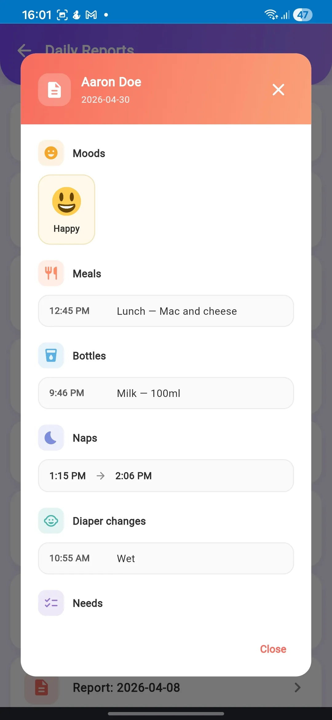 Parent view of daily report