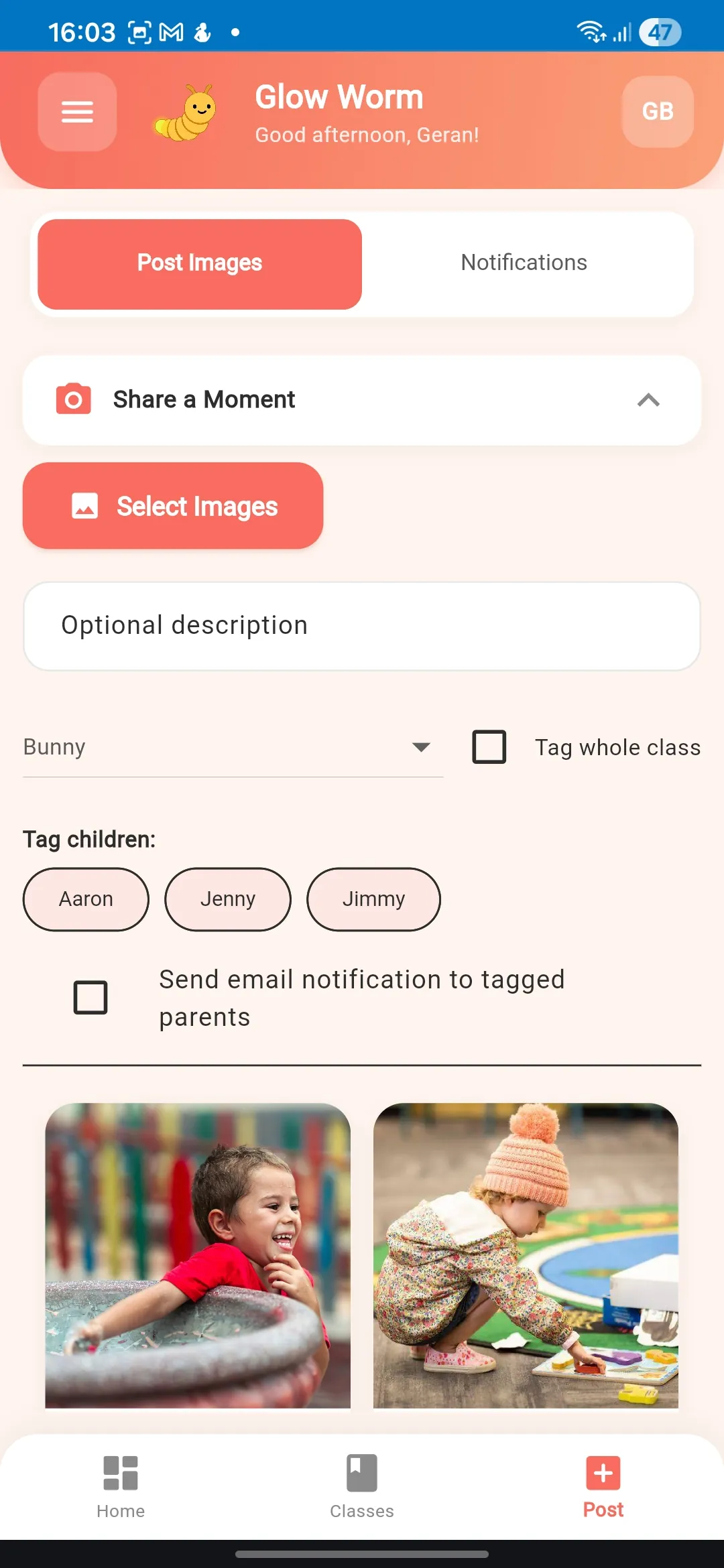 Photo sharing screen with class tagging