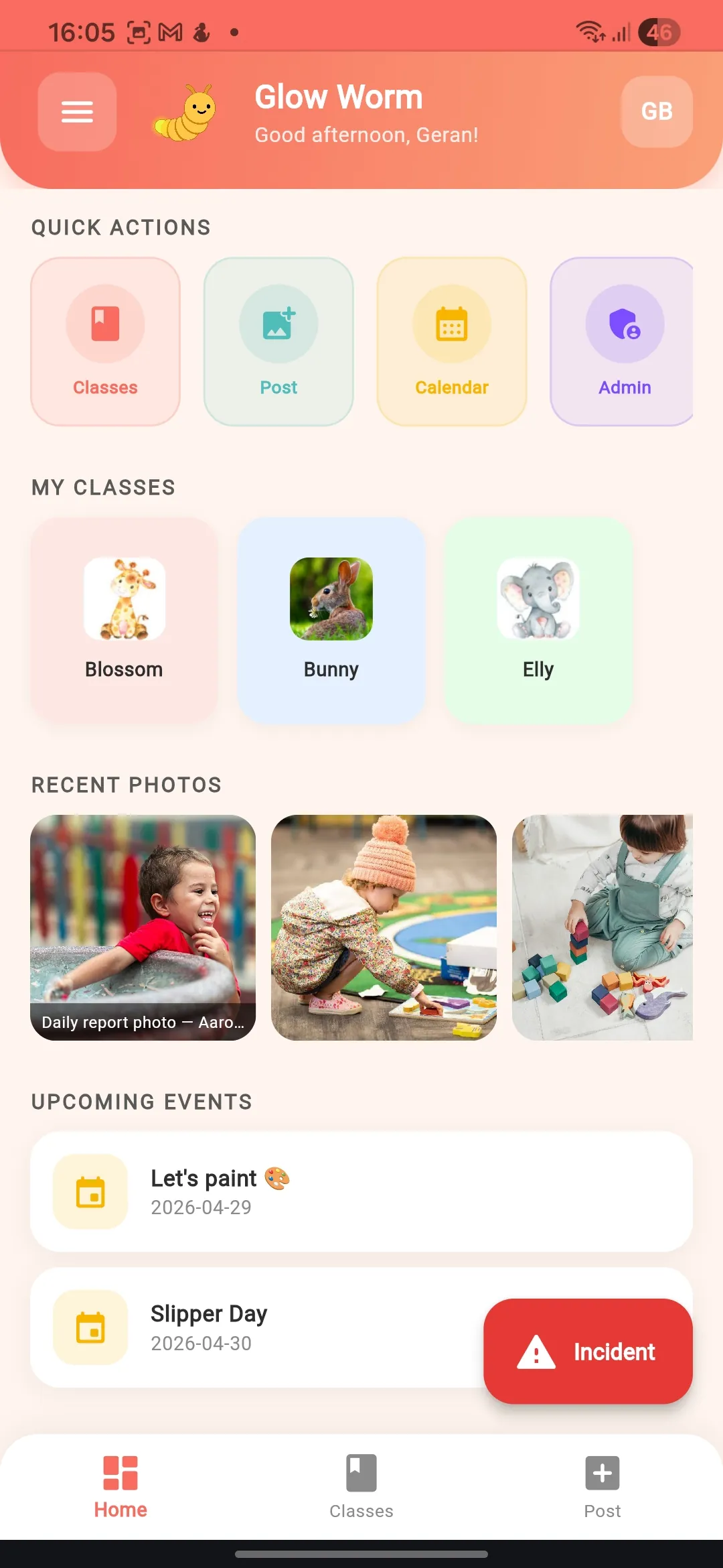 Glow Worm teacher dashboard showing classes and daily reports